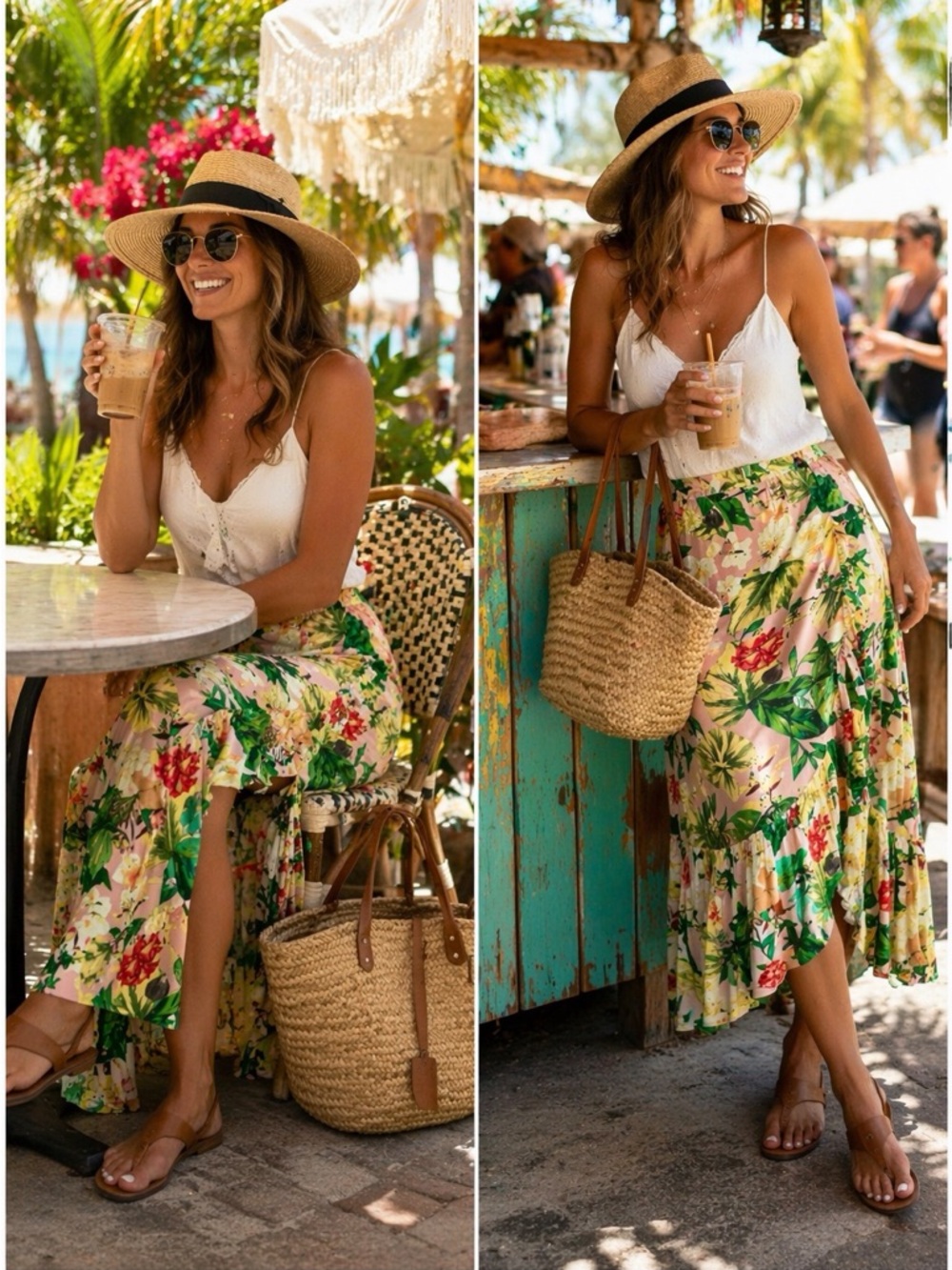 Antonio Melani Perla  Tropical Floral Long Flowy Bright Ruffled Skirt 6 Pink